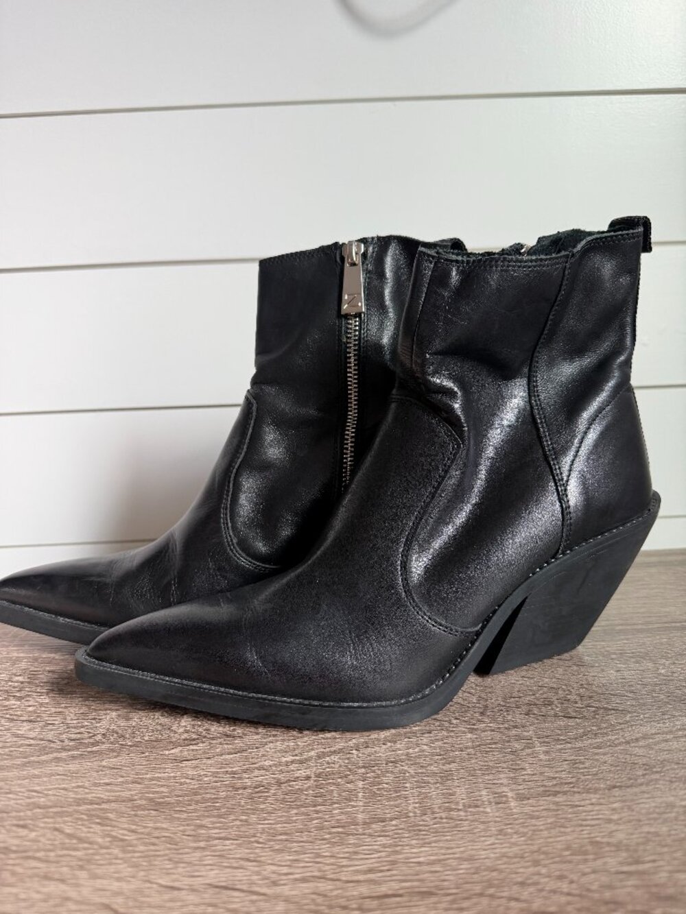 Zara Black Leather Heel Pointed Ankle Cowboy Boots Size 10